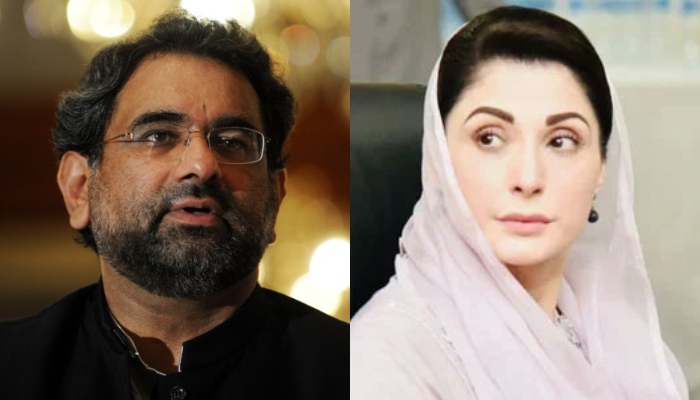 Former prime minister Shahid Khaqan Abbasi (L) and Pakistan Muslim League-Nawaz (PML-N)senior vice-president and chief organiser Maryam Nawaz (R). — AFP/Twitter