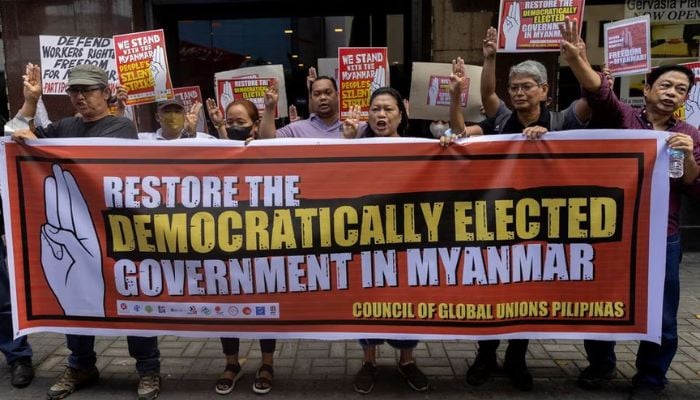 Filipino activists stage a protest in solidarity with Myanmar citizens, two years since Myanmars military coup, outside the Embassy of Myanmar in Makati City, Philippines, February 1, 2023.— Reuters