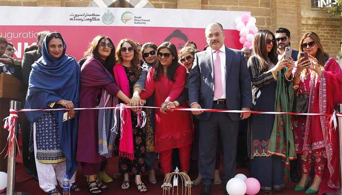 Female lawmakers from Sindh and Transport Minister Sharjeel Memon at the ribbon-cutting ceremony at the launch of the Pink Bus service in Karachi on February 1, 2023. — INP