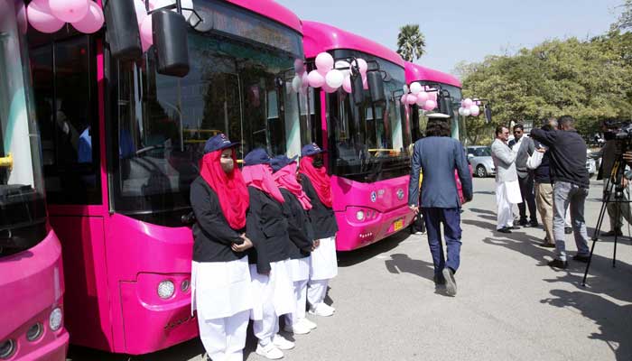 View of Pink Peoples Bus Service project buses on its way to start the operation of buses after inauguration ceremony in Karachi on February 1, 2023. — PPI