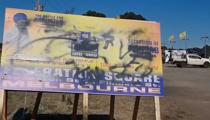 A screen grab in which the Khalistan poster can be seen sprayed black. — Screengrab/Reporter