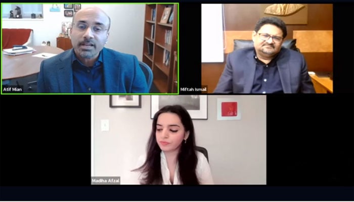 Renowned economist Atif Mian (left) and former finance minister Miftah Ismail (right) in a panel discussion hosted by a US-based think-tank The Brookings Institution. — Screengrab/The Brookings Institution