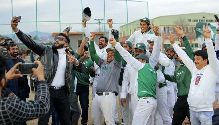 The Pakistan team celebrates its victory in the West Asia Cup during the award ceremony on February 2, 2023. — Twitter/Pakistan Federation Baseball
