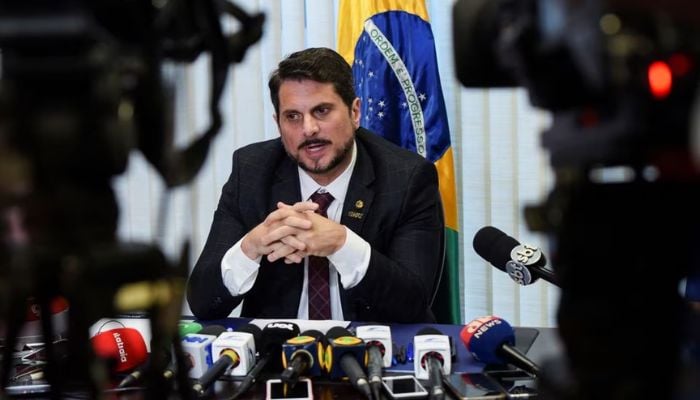 Brazilian senator Marcos do Val speaks during a news conference in Brasilia, Brazil February 2, 2023.— Reuters