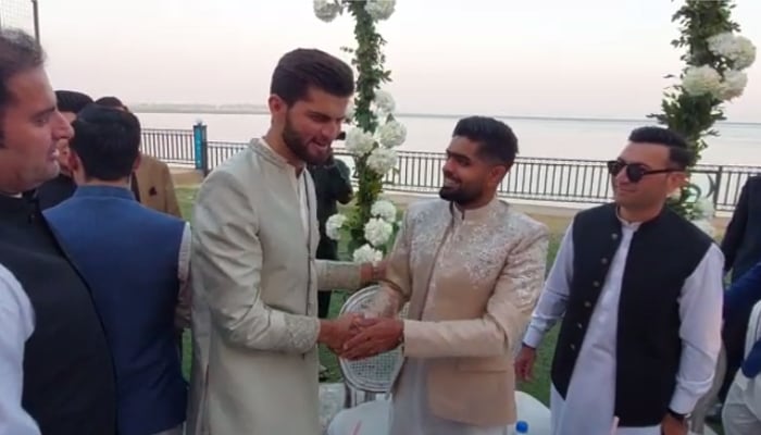Shaheen Shah Afridi (centre left) meets Pakistan skipper Babar Azam during the Nikah reception in Karachi, on February 3, 2023. — Photo by author