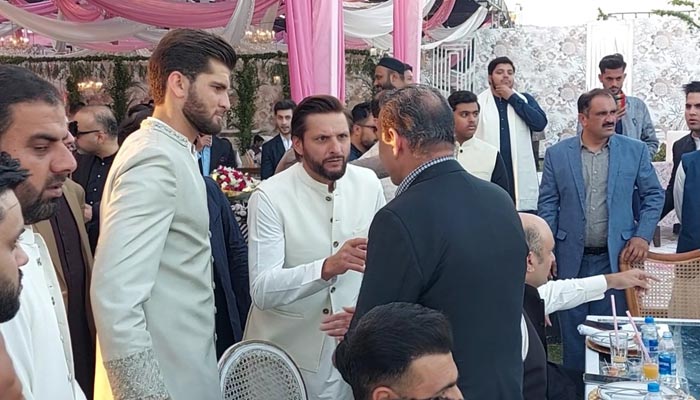 Pacer Shaheen Shah Afridi and former cricketer Shahid Afridi during Nikah ceremony in Karachi on February 3, 2023. — Twitter