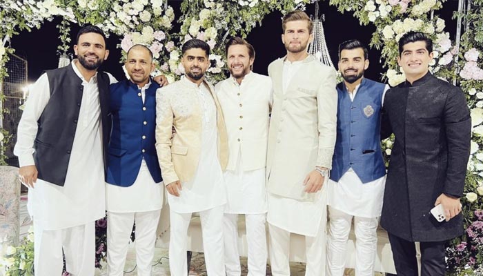 Pacer Shaheen Shah Afridi with fellow cricketers during his Nikah ceremony in Karachi on February 3, 2023. — Twitter