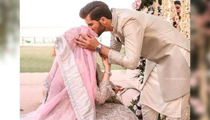 Pacer Shaheen Shah Afridi and former cricketer Shahid Afridi's daughter Ansha Afridi during Nikah ceremony in Karachi on February 3, 2023. — Twitter