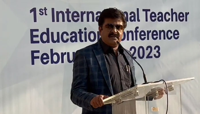 Sindh Education Minister Syed Sardar Ali Shah addressing the audience in the 1st International Teachers Conference in Karachi. — Screen grab Twitter/@sardarshah1