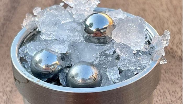 Part of a ball-milling device, consisting of a jar into which ordinary crystalline ice and steel balls are placed before being shaken vigorously.— Reuters