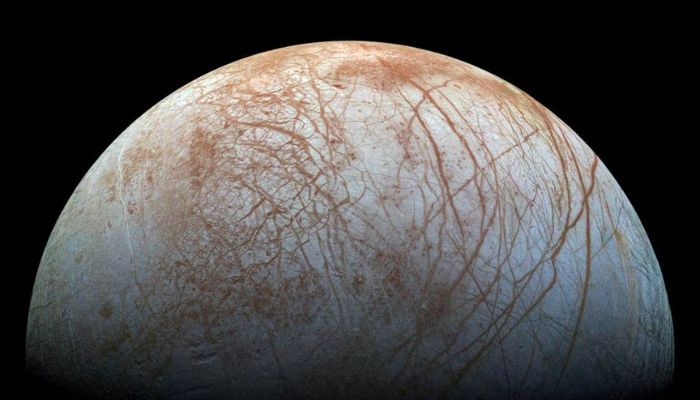 A view of Jupiters moon Europa created from images taken by NASAs Galileo spacecraft in the late 1990s, according to NASA, obtained by Reuters May 14, 2018.— Reuters