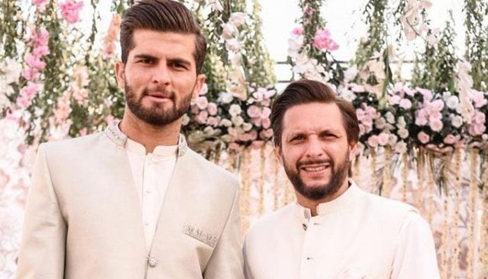 Pakistani pacer Shaheen Shah Afridi (left) poses with his father-in-law Shahid Afridi during his Nikah ceremony in Karachi on February 4, 2023. — Twitter/iShaheenAfridi