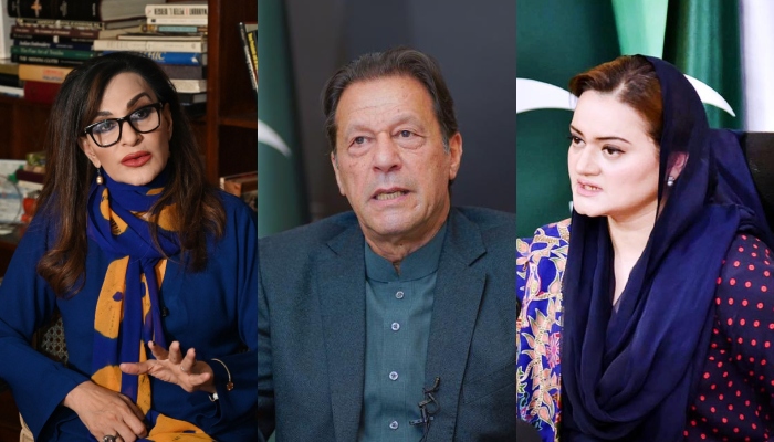 Climate Change Minister Senator Sherry Rehman (left), PTI chief Imran Khan (centre), and Information and Broadcasting Minister Marriyum Aurangzeb (right). — AFP/Twitter/PTIofficial/APP