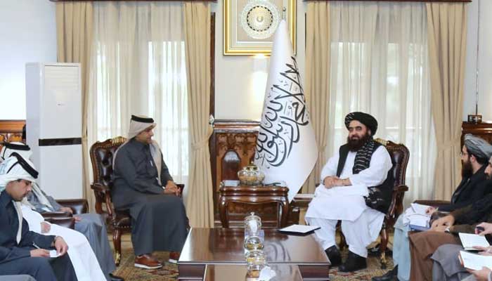 Special Envoy of the Foreign Minister of the State of Qatar Mutlaq bin Majid al-Qahtani called on the Minister of Foreign Affairs Amir Khan Muttaqi at Storay Palace in Kabul, Afghanistan. — Twitter/@QaharBalkhi