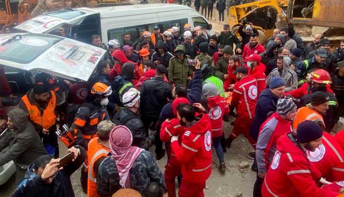 Rescuers work near the site of a collapsed building, following an earthquake, in Hama, Syria February 6, 2023. — Reuters