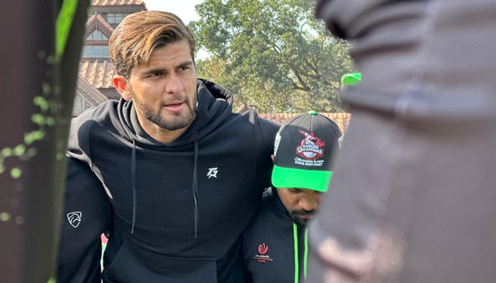 Captain of the Lahore Qalandars Shaheen Shah Afridi speaking to players before a practice match on Monday, February 6, 2023. Twitter