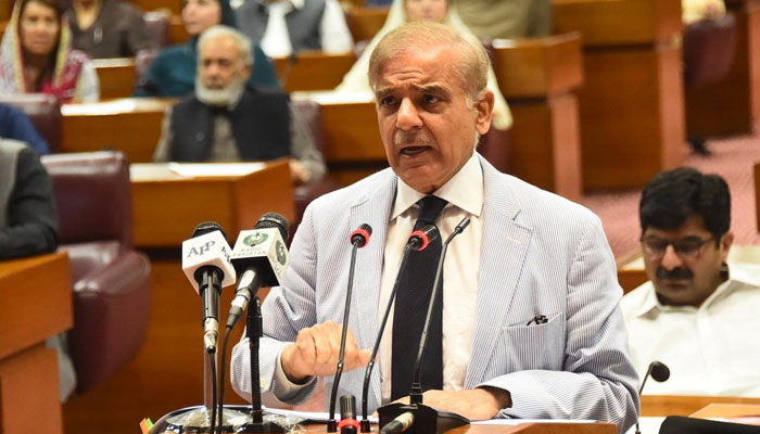 Prime Minister Shehbaz Sharif addressing the National Assembly. — Twitter/File