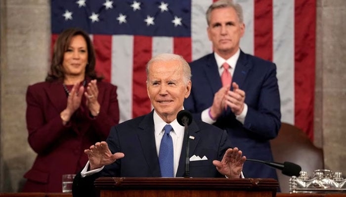 President Joe Biden delivers the State of the Union address to a joint session of Congress at the US Capitol, Tuesday, Feb. 7, 2023, in Washington, as Vice President Kamala Harris and House Speaker Kevin McCarthy of Calif., applaud. — Reuters