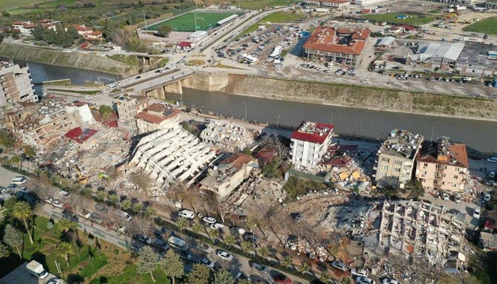 An aerial view shows damaged and collapsed buildings following an earthquake, in Hatay, Turkey February 7, 2023. — Reuters