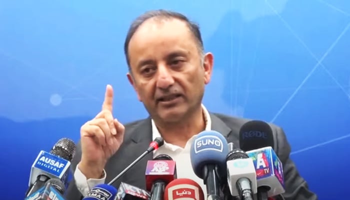 Minister of State for Petroleum Dr Musadik Malik addresses a press conference in Islamabad on February 8, 2023. — YouTube/PTVNewsLive