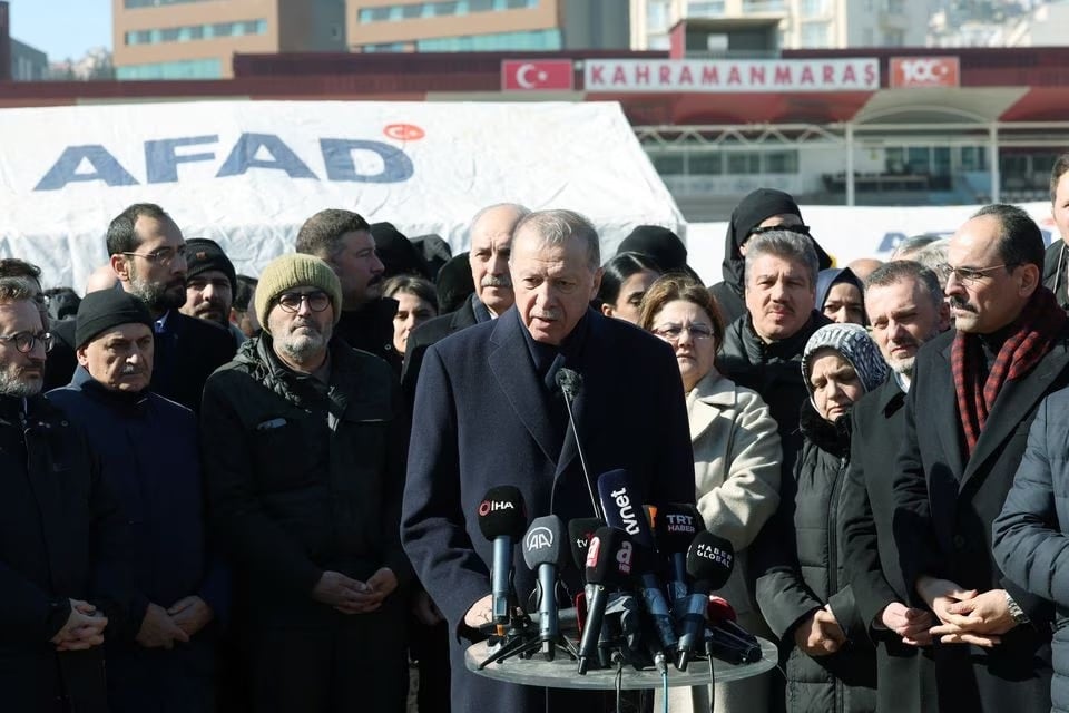 Turkish President Tayyip Erdogan talks to media in the aftermath of a deadly earthquake in Kahramanmaras, Turkey February 8, 2023.— Reuters