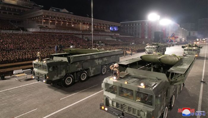 Missiles are displayed during a military parade to mark the 75th founding anniversary of North Koreas army, at Kim Il Sung Square in Pyongyang, North Korea February 8, 2023, in this photo released by North Koreas Korean Central News Agency (KCNA).— Reuters