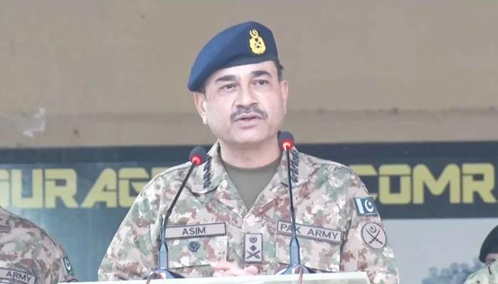 Chief of Army Staff (COAS) General Syed Asim Munir addresses troops during his visit to the Pakistan-Afghanistan border in Miranshah on December 23, 2022. — ISPR