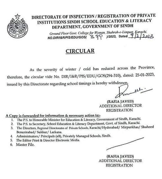 Sindh revises timings for schools