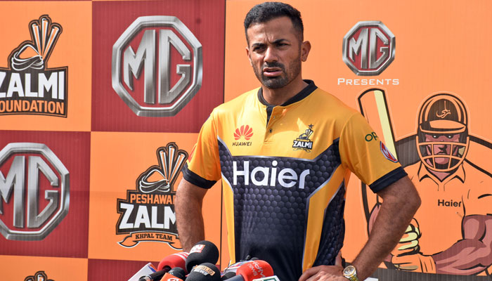 Peshawar Zalmis Wahab Riaz while talking with media persons at Shalimar Cricket Ground in Islamabad. — Online/File