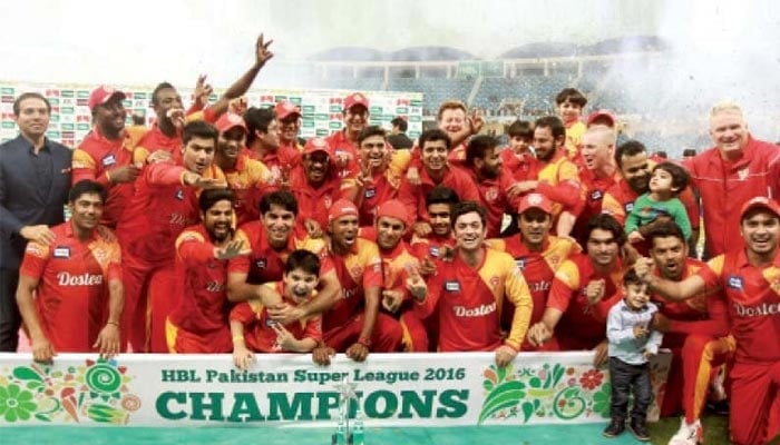 Islamabad United celebrates after winning the first-ever PSL tournament in 2016. — AFP/File
