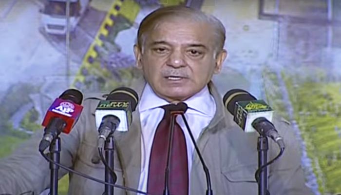 Prime Minister Shehbaz Sharif speaking during a ceremony after laying the foundation of Bab-e-Pakistan in Lahore. — YouTube screengrab/PTV News Live