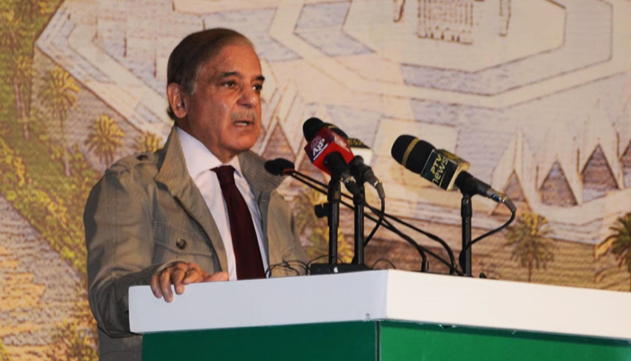 Prime Minister Shehbaz Sharif speaking during a ceremony after laying the foundation of Bab-e-Pakistan in Lahore. — PID