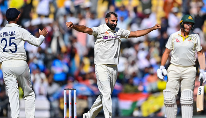 India’s Mohammed Shami (C) celebrates India’s victory in the third day of the first Test cricket match between India and Australia at the Vidarbha Cricket Association (VCA) Stadium in Nagpur on February 11, 2023. — AFP