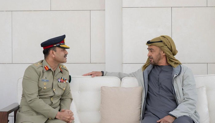 UAE President Sheikh Mohamed bin Zayed Al Nahyan during a meeting with Chief of Army Staff General Syed Asim Munir at the Qasr Al Shati Palace on February 11, 2023. — Twitter/uaeembassyisb