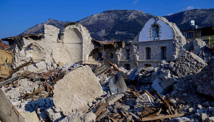 The destroyed Greek Orthodox Church of the historic southern city of Antakya is pictured on February 12, 2023. — AFP