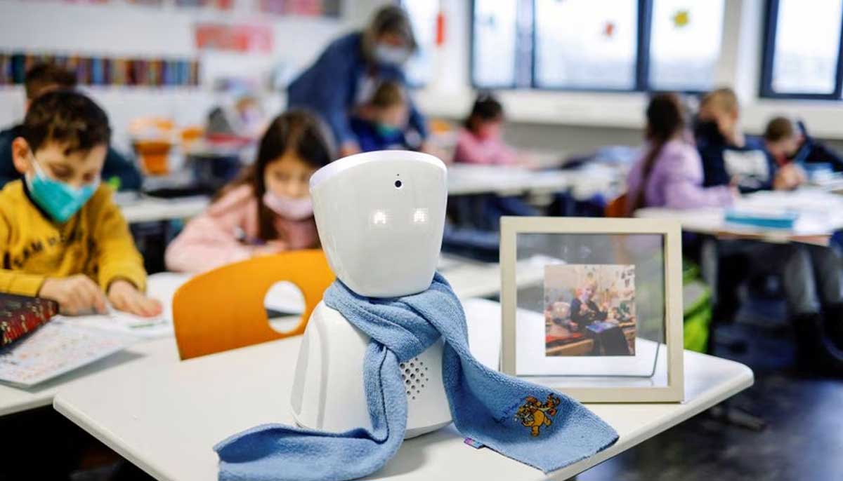 A robot avatar placed in a classroom in Germanys Berlin city helps a seven-year-old schoolboy Joshua, who suffers from a severe lung disease, attend his school lesson in this photo taken on January 13, 2022. — Reuters