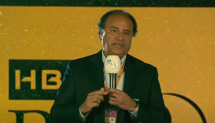 HBL CEO Muhammad Aurangzeb speaks to the crowd during the opening ceremony of the PSL 8 in Multan on February 13, 2023, in this still taken from a video. — YouTube/GeoNews