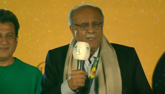PCB Management Committee Chairman Najam Sethi speaks to the crowd during the opening ceremony of the PSL 8 in Multan on February 13, 2023, in this still taken from a video. — YouTube/GeoNews