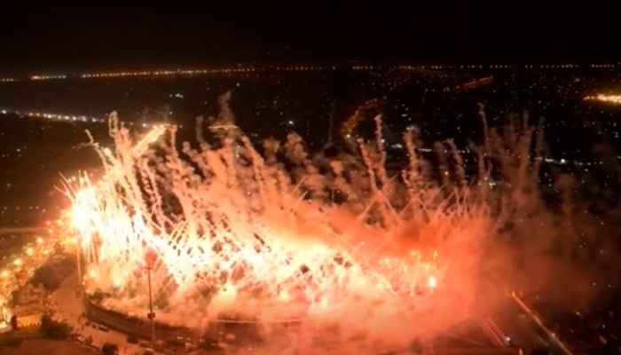 Fireworks take place during the opening ceremony of the PSL 8 in Multan on February 13, 2023, in this still taken from a video. — YouTube/GeoNews