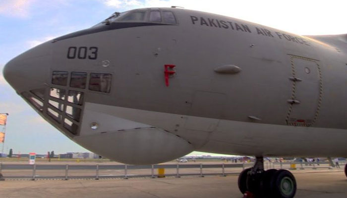 A PAF plane lands at Nur Khan airbase after a successful mission of providing humanitarian assistance to the earthquake-stricken people of Turkey. — APP