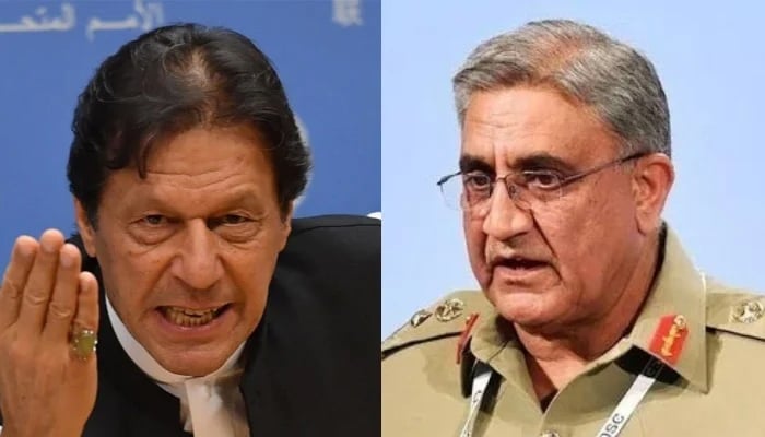 Ketua Tehreeek-e-Insaf Pakistan Imran Khan (kiri) dan mantan Kepala Staf Angkatan Darat Jenderal (Purn) Qamar Javed Bajwa.  —AFP/Berkas