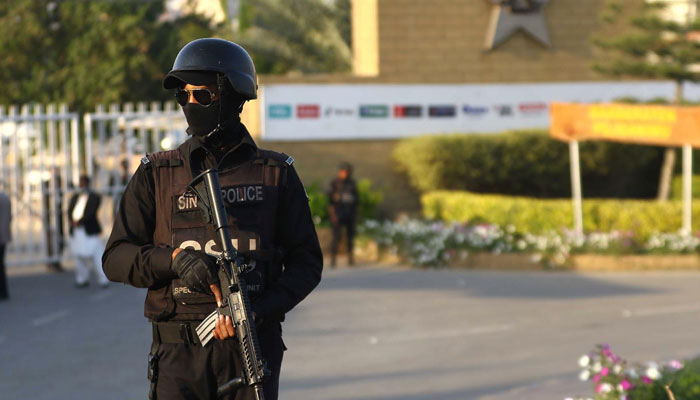 Security personnel stand alert outside National Stadium Karachi in Karachi. — INP/File
