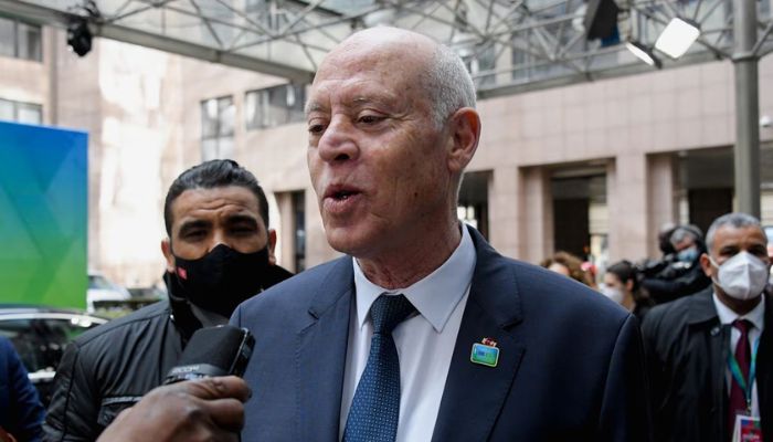 Tunisias President Kais Saied speaks to the media as he arrives for the first day of a European Union- African Union summit at the European Council building in Brussels, Belgium, February 17, 2022.— Reuters