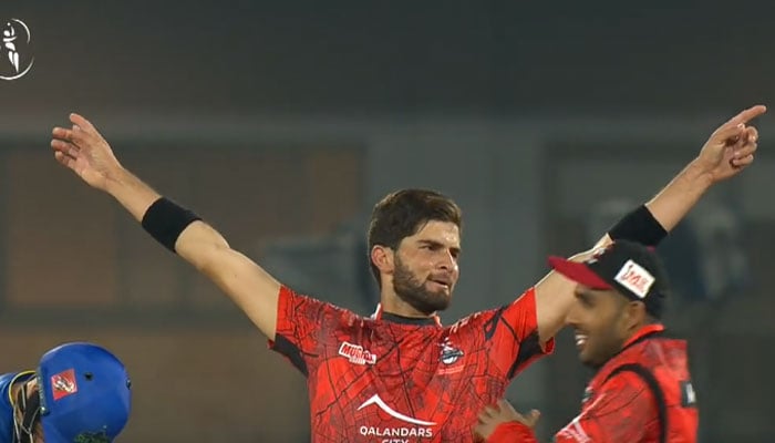 Lahore Qalandars captain and ace pacer Shaheen Shah Afridi celebrating after dismissing Multan Sultans captain Muhammad Rizwan on February 13, 2023. — Screengrab Twitter/@thepslt20