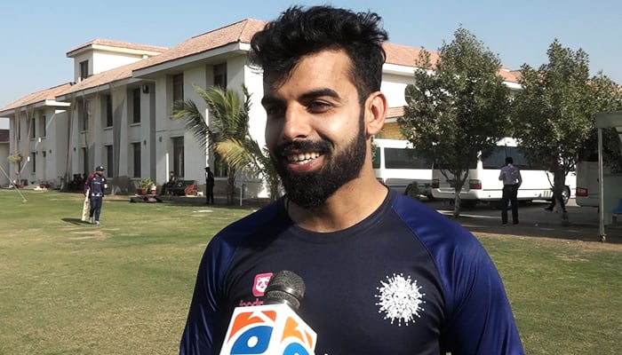 Islamabad United skipper Shadab Khan speaks during an interview with Geo News in Karachi, on February 14, 2023. — Photo by author