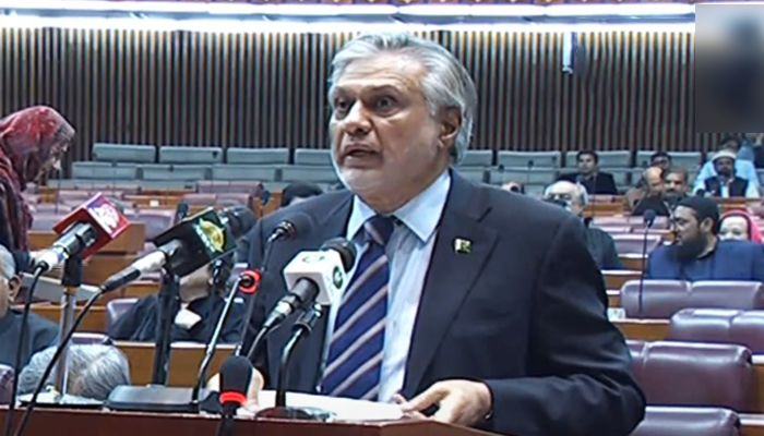 Minister for Finance and Revenue Senator Ishaq Dar speaks during a National Assembly session in Islamabad on February 15, 2023. — YouTube/PTVParliament
