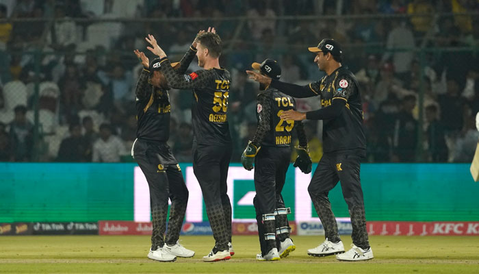 Peshawar Zalmi players celebrate after dismissing a Karachi Kings batsman. — PCB