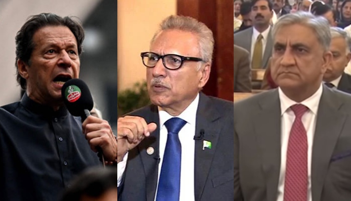 (L-R) Combo shows PTI Chairman Imran Khan, President Arif Alvi and ex-COAS General (retd) Qamar Javed Bajwa. —AFP/PID/ISPR video/Files