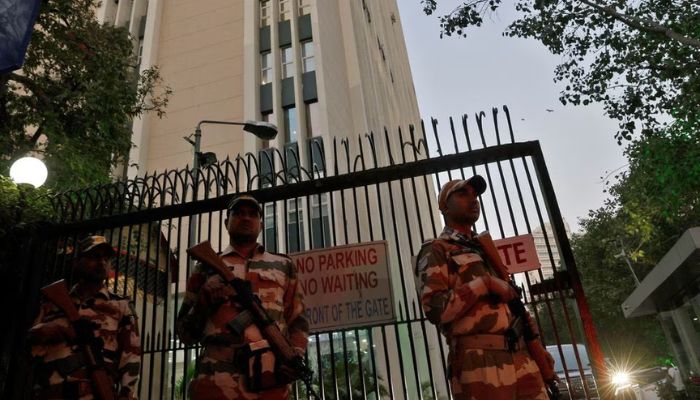 Members of the Indo-Tibetan Border Police (ITBP) stand guard outside a building housing BBC offices, where income tax officials are conducting a search for a second day, in New Delhi, India, February 15, 2023.— Reuters