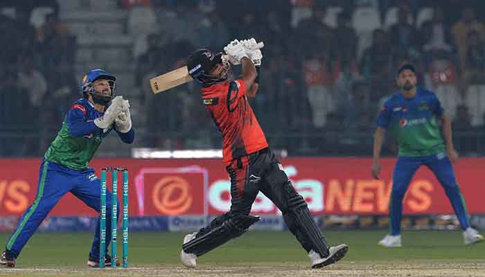 Lahore Qalandars´ Shai Hope (C) plays a shot during the Pakistan Super League (PSL) Twenty20 cricket match between Multan Sultans and Lahore Qalandars at Multan Cricket Stadium in Multan on February 13, 2023. — AFP